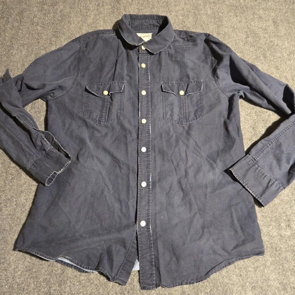 Warp and Weft Button Down Shirt Mens L Dark Blue Distressed Long Sleeve Casual